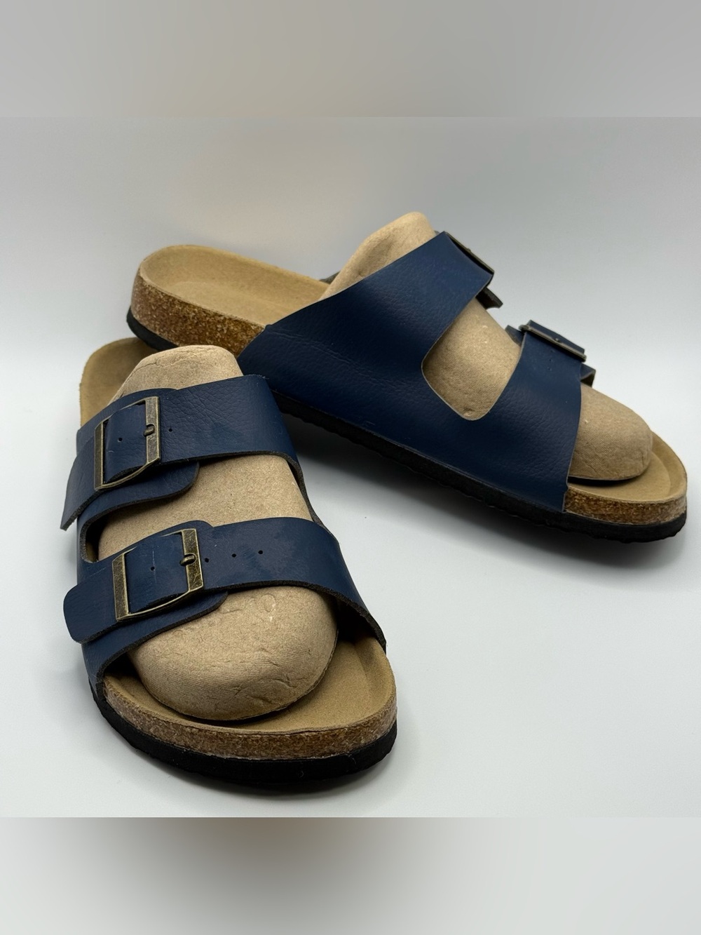 Navy Slide Comfort Sandals Womens 7 EU 37 Blue Leather Shoes MSC Cruise Adj Bckl